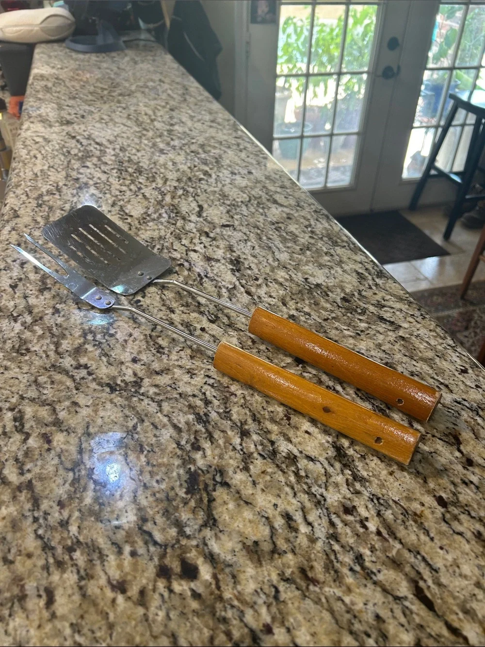 Wood-Handled Spatula and Fork Grill Set - Brown